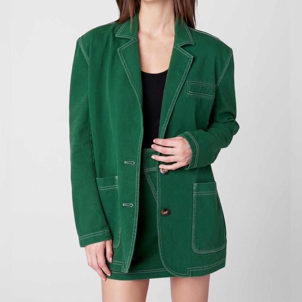 NWT Women BLANKNYC Green Big Spin Twill Oversized Blazer Contrast Stitch XSmall